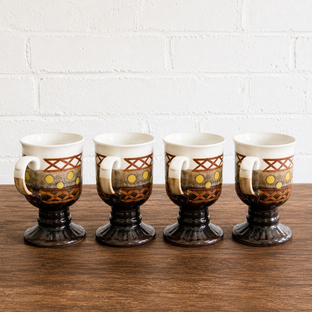 Otagiri Irish Coffee Mugs Set of 4 - Pedestal Stoneware Japan 1970s Lattice‎